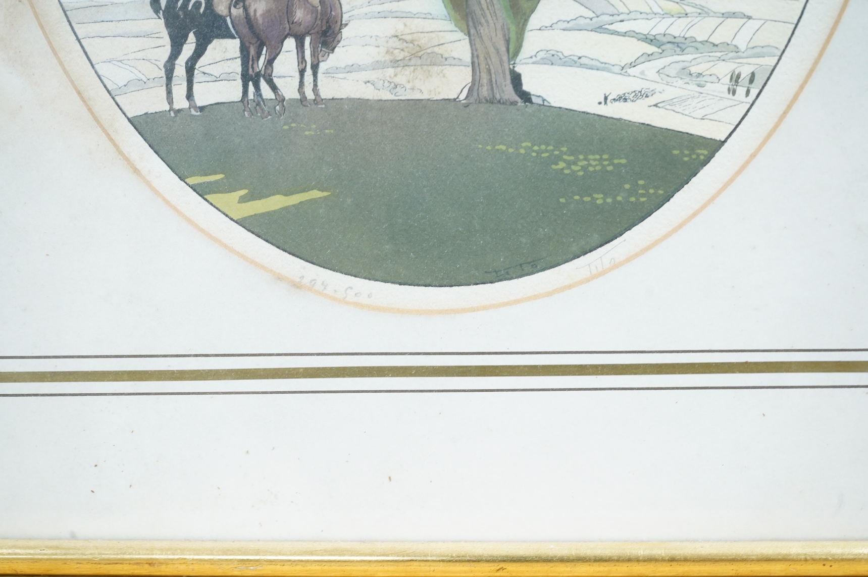 Ettore Tito (Italian, 1859-1941), Two horses beside a tree, signed in pencil, limited edition 294/500? (partially obscured by the mount), oval colour print, 30 x 24cm